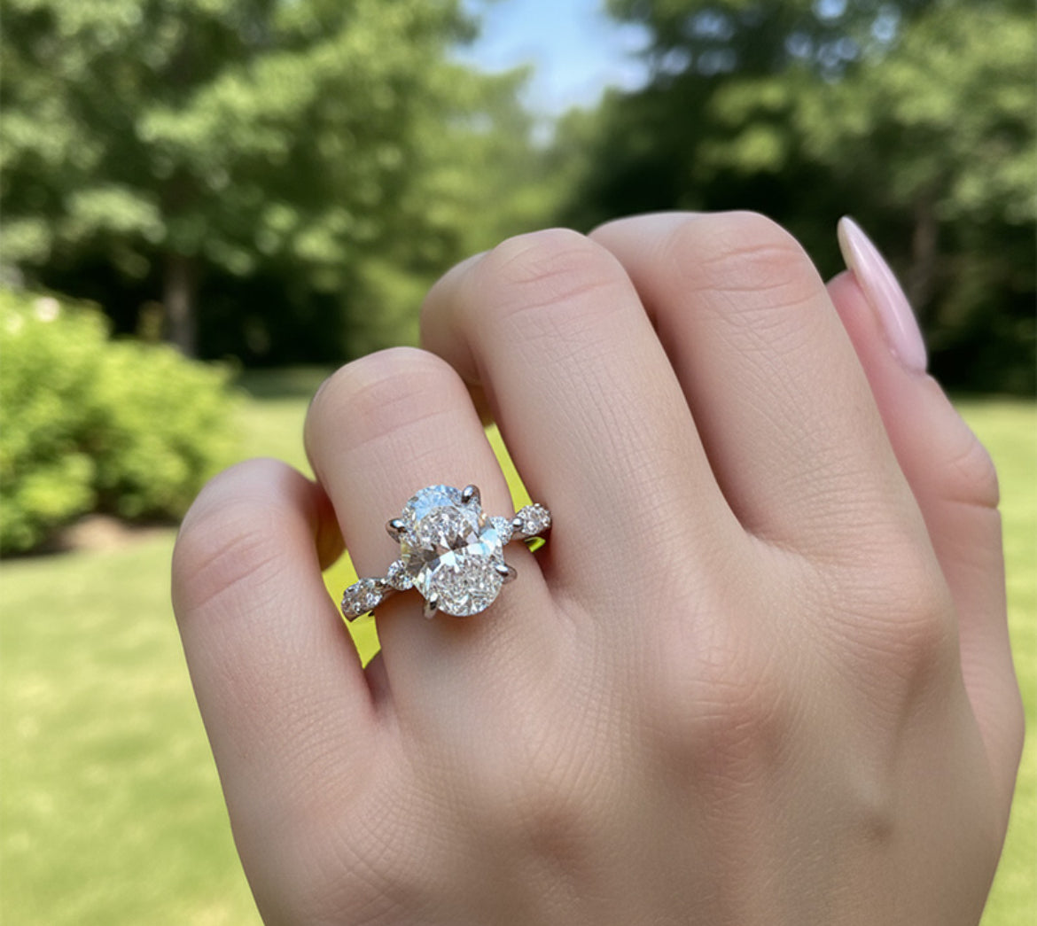 3.76ct TCW Oval Cut VVS Moissanite Halo Womenโs Ring