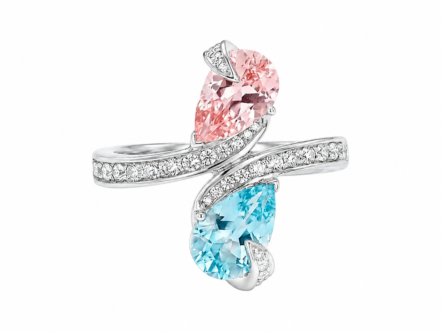 S925 Silver Bypass Style Pink & Blue Pear Womens Ring