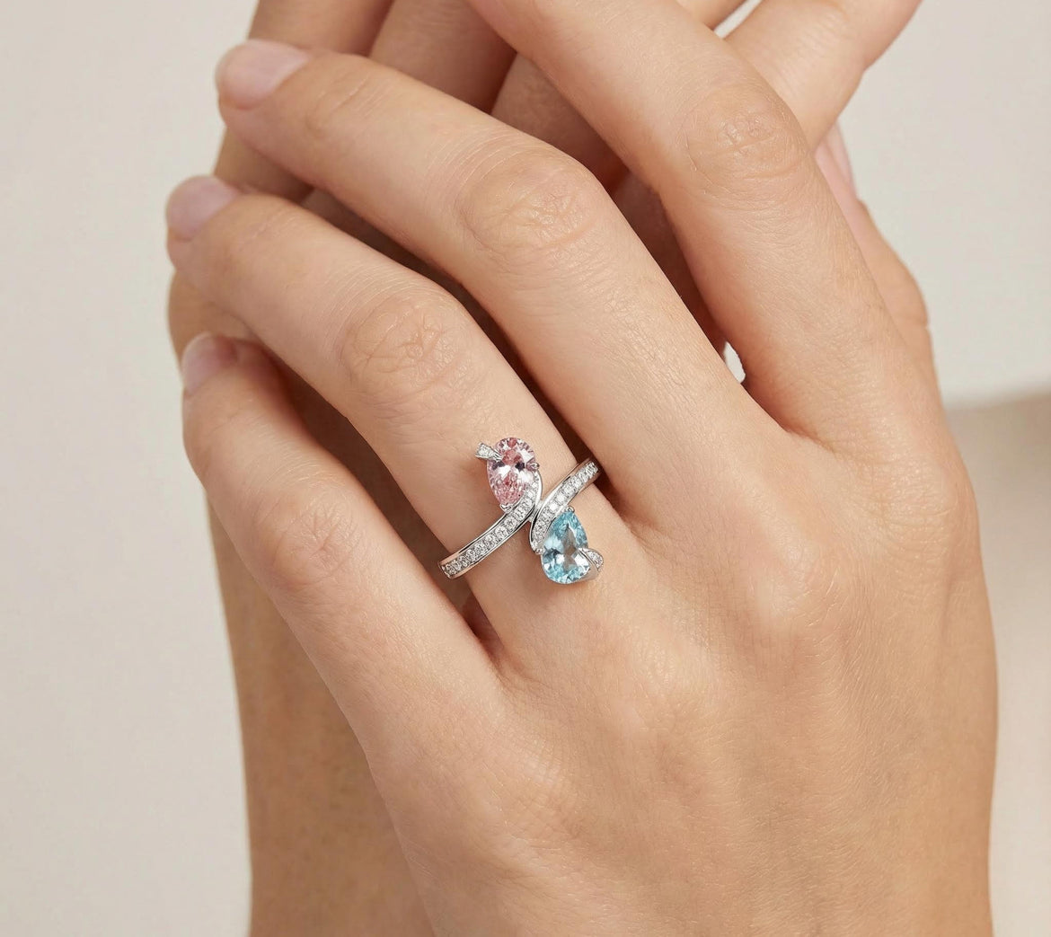 S925 Silver Bypass Style Pink & Blue Pear Womens Ring