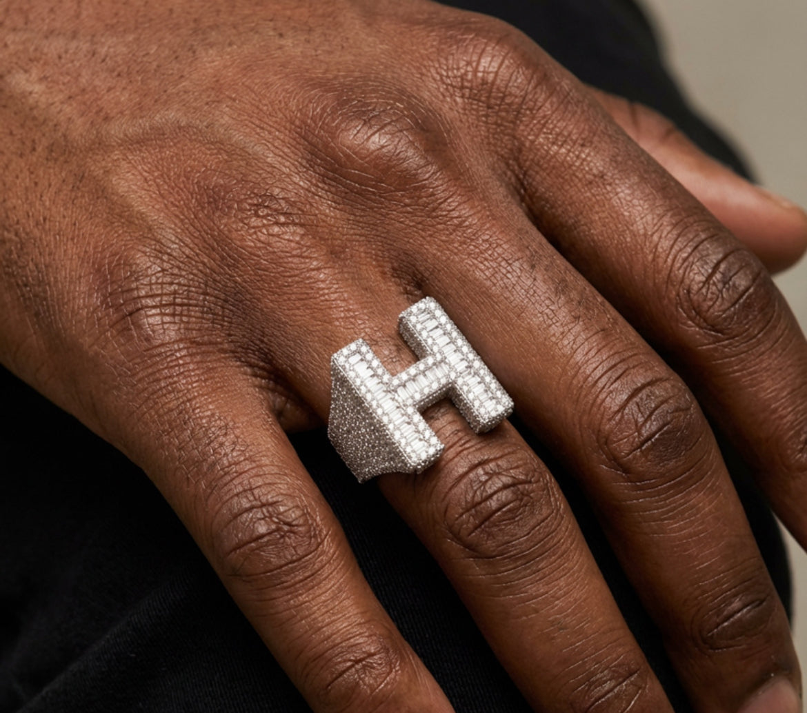 Baguette Cut Alphabet Letters Ring in White Gold
