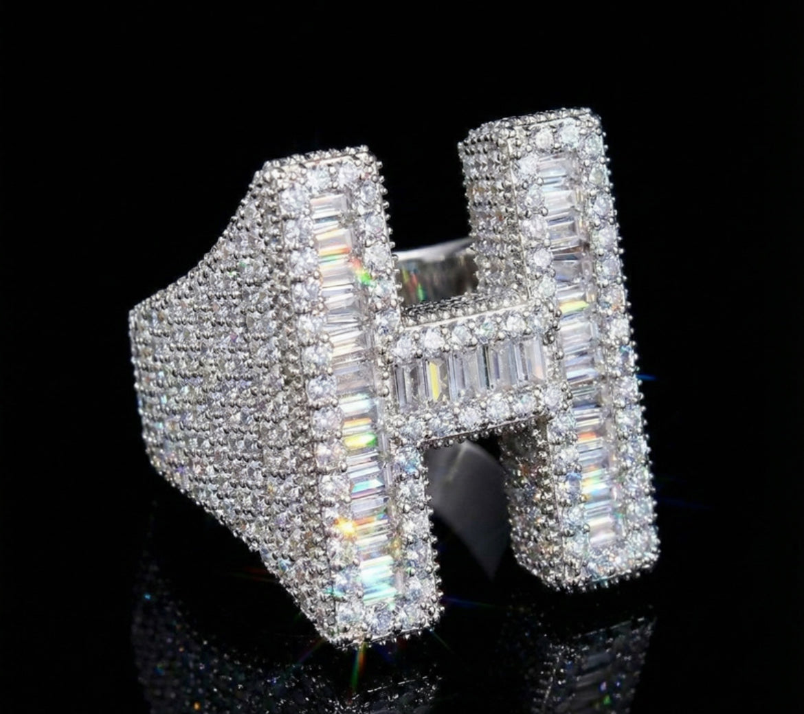 Baguette Cut Alphabet Letters Ring in White Gold