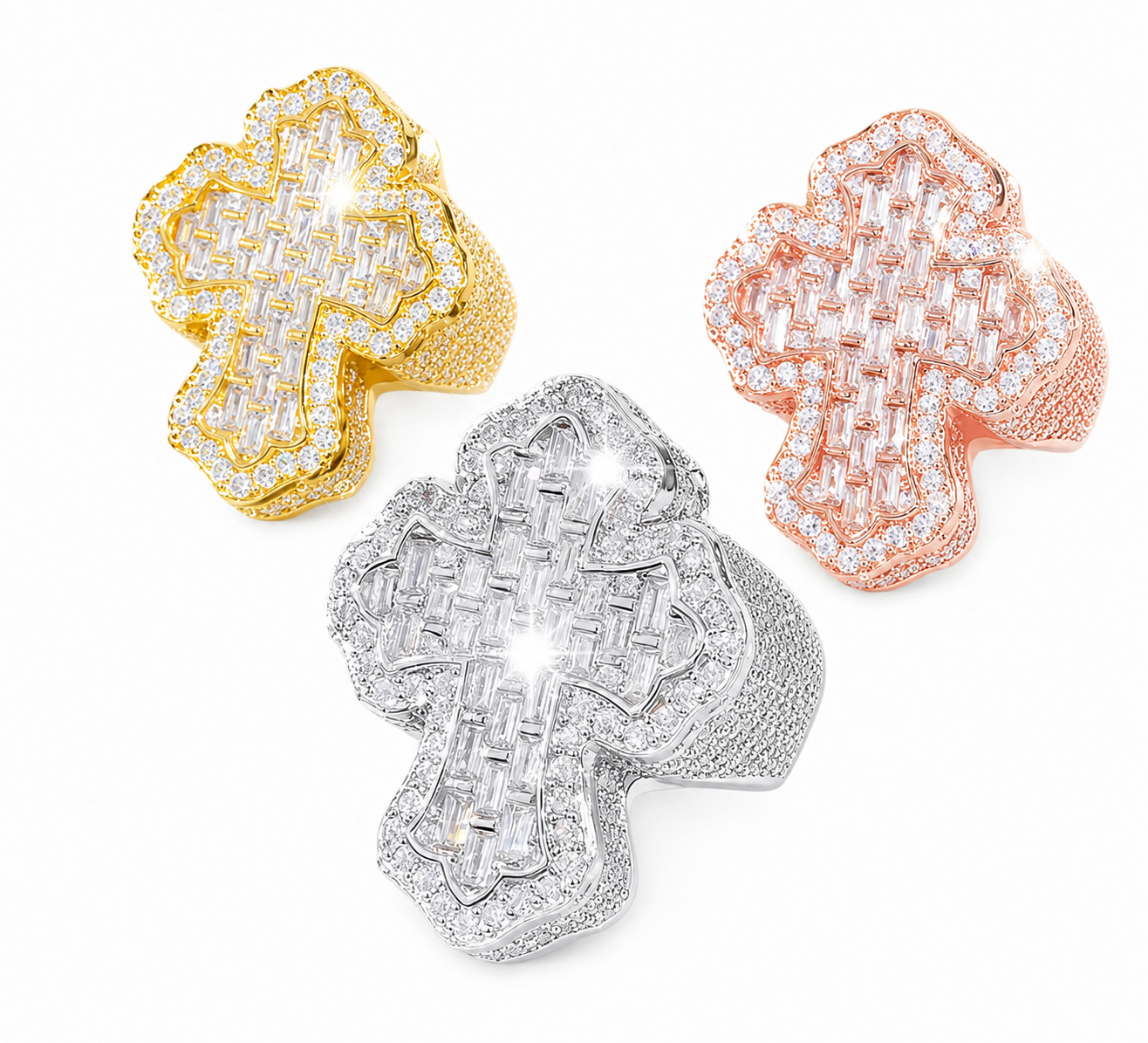 Iced Cross-Shaped Baguette Ring