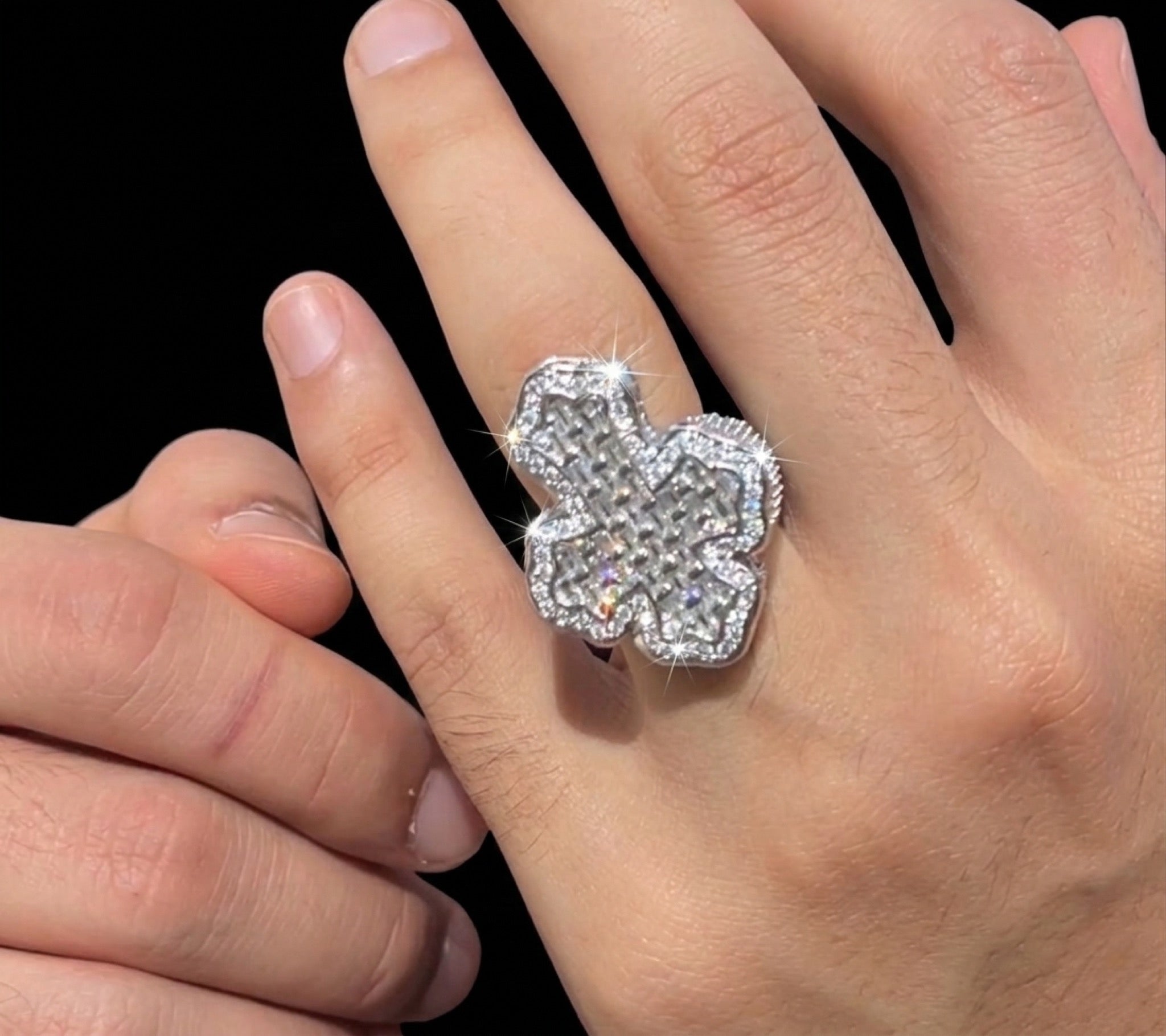 Iced Cross-Shaped Baguette Ring