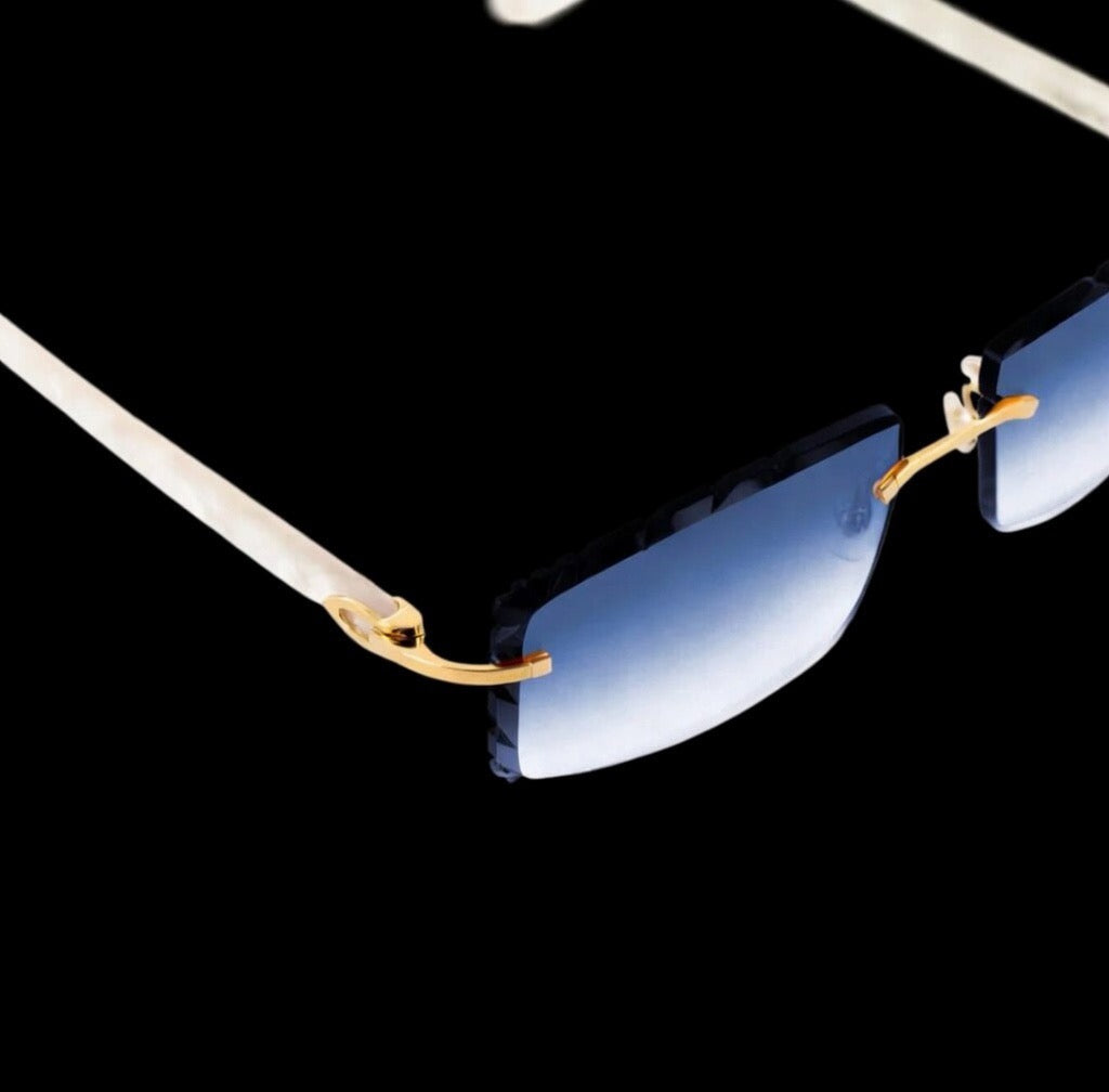 Cartier White Acetate Glasses With Gold C Decor & Gradient Blue Lens CT00560-002