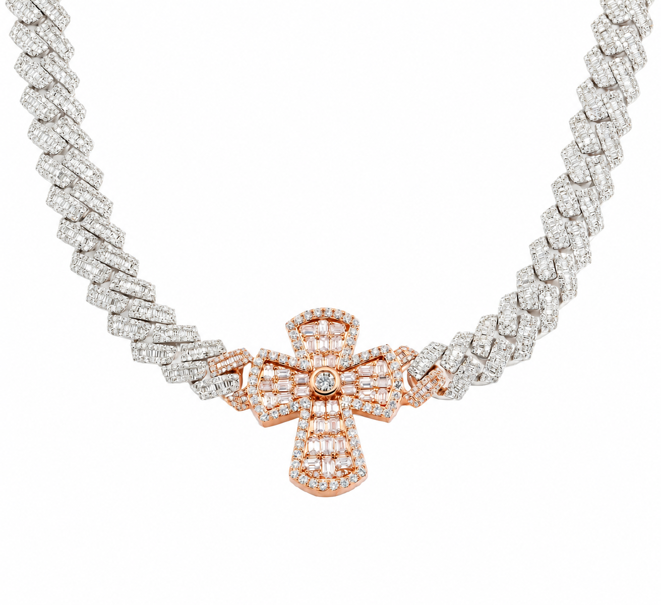 Lab Diamond & 10K White & Rose Gold Baguette Cuban Single Cross Chain