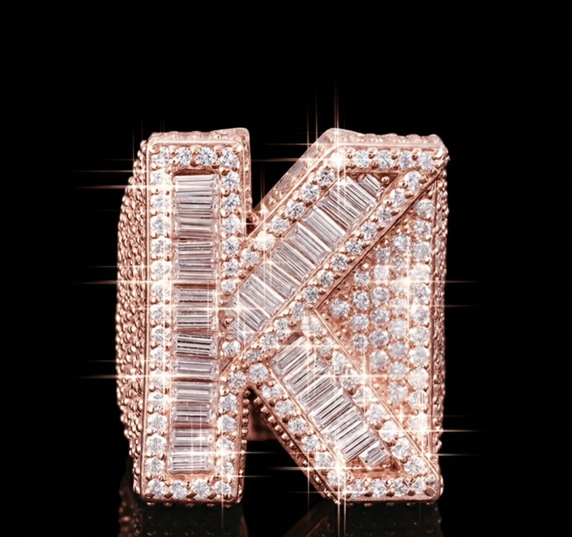 Baguette Cut Alphabet Letters Ring in Rose Gold