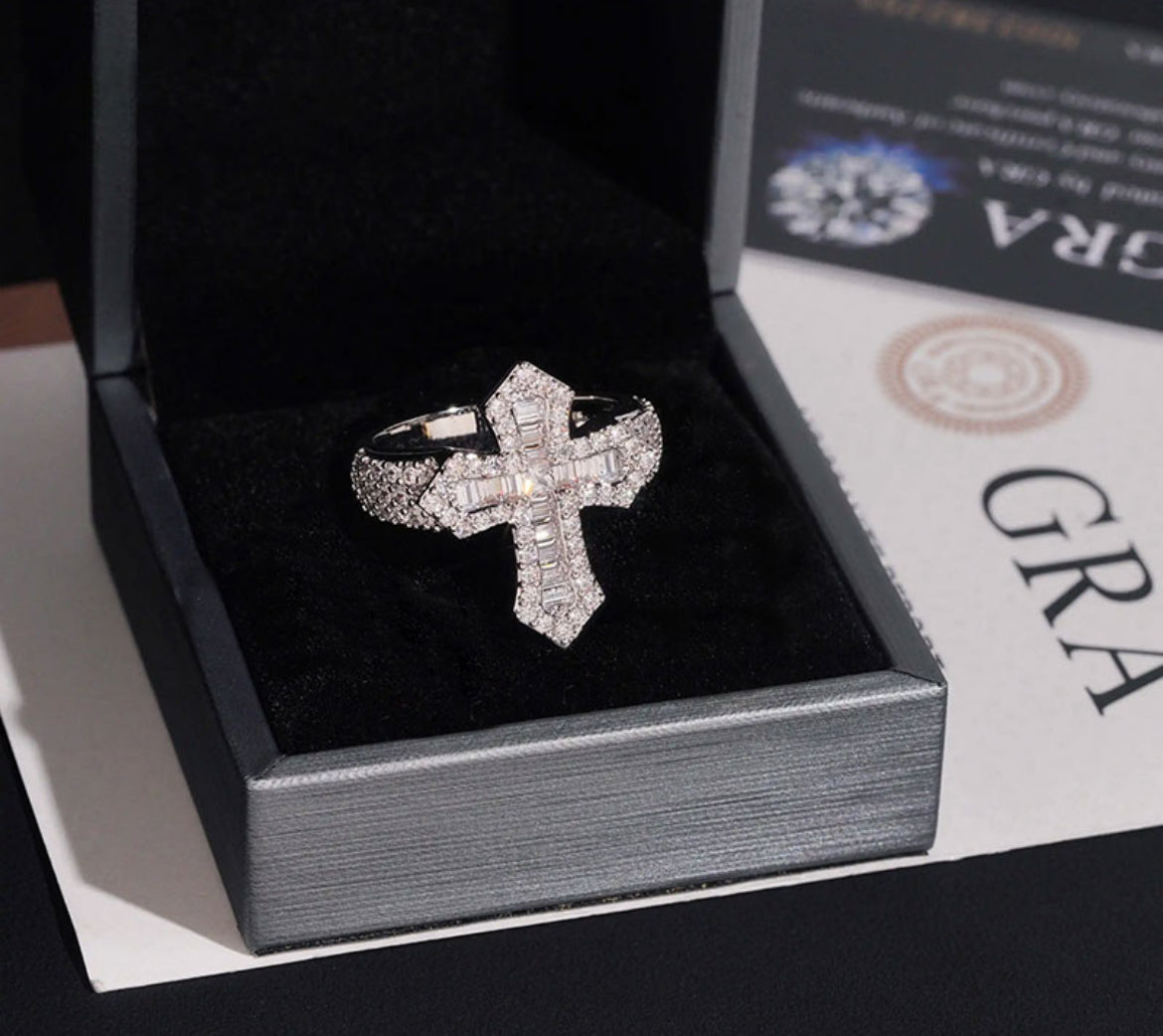 VVS 925S & VVS Moissanite Baguette Cut Cross Ring