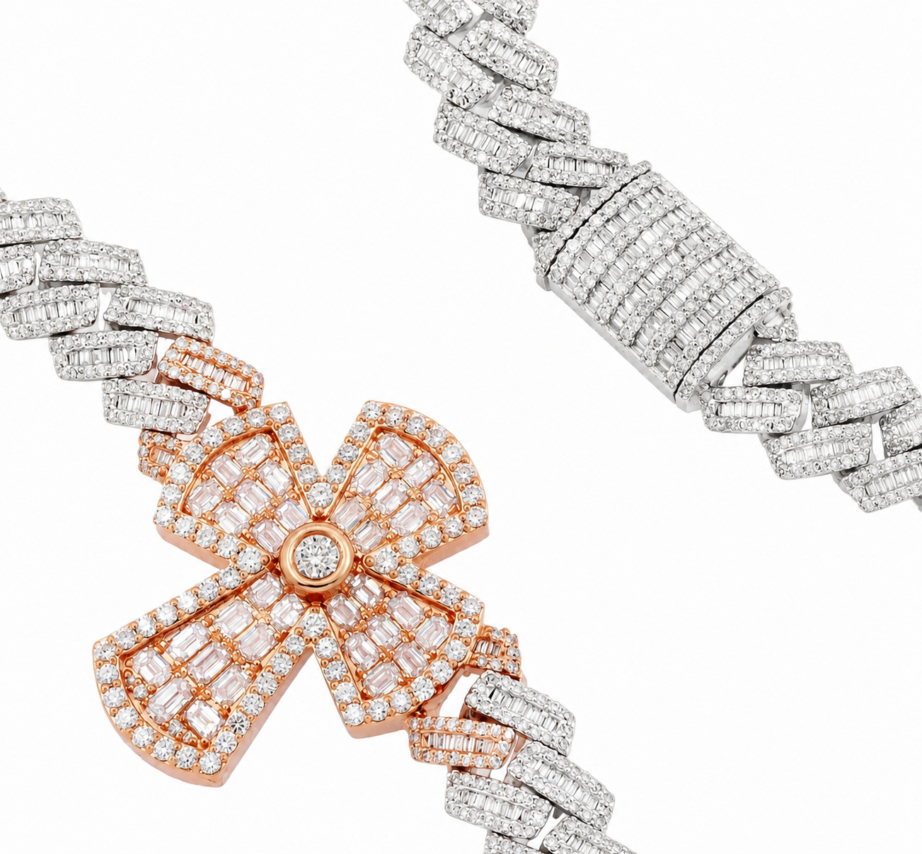 Lab Diamond & 10K White & Rose Gold Baguette Cuban Single Cross Chain