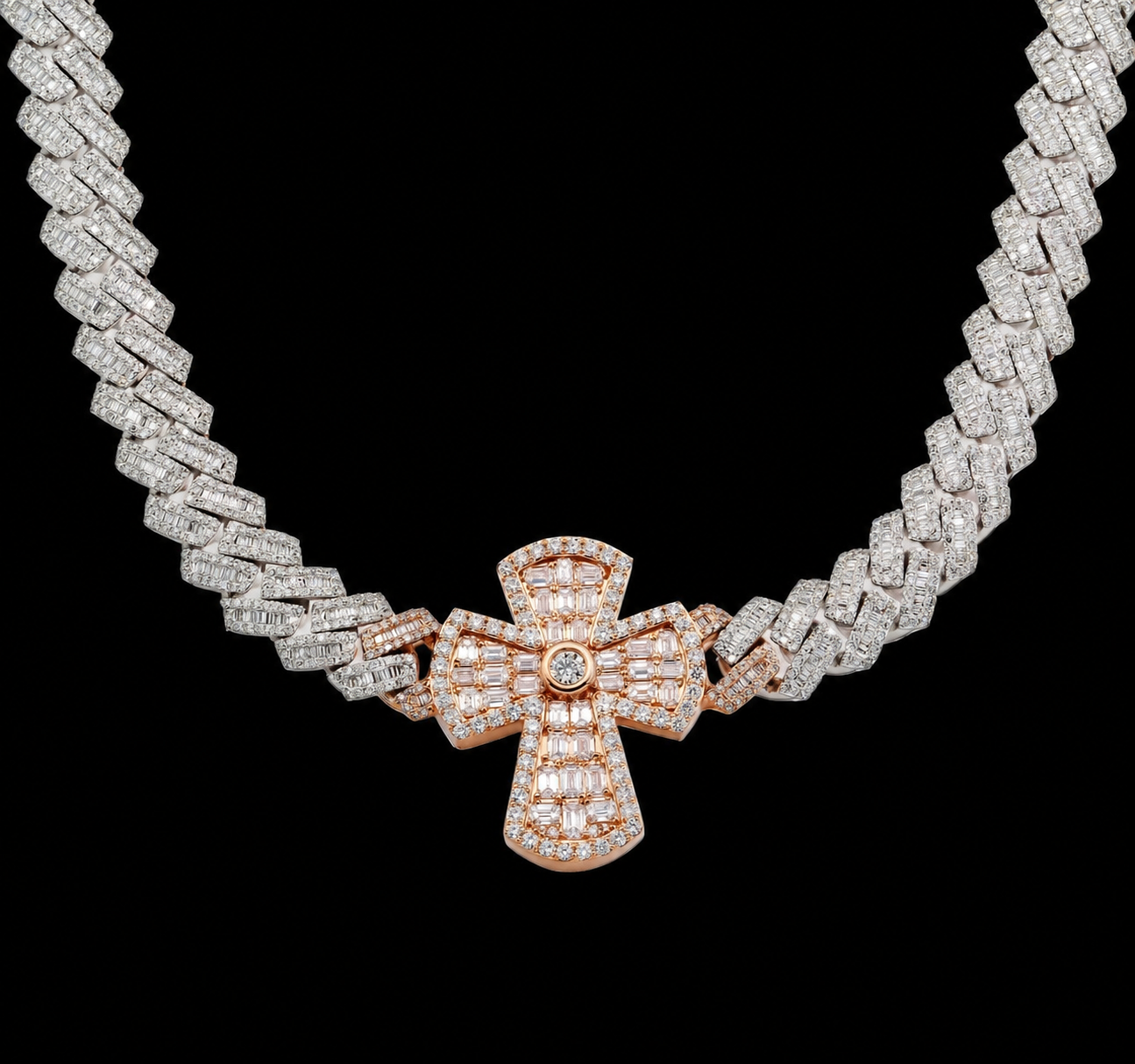 Lab Diamond & 10K White & Rose Gold Baguette Cuban Single Cross Chain