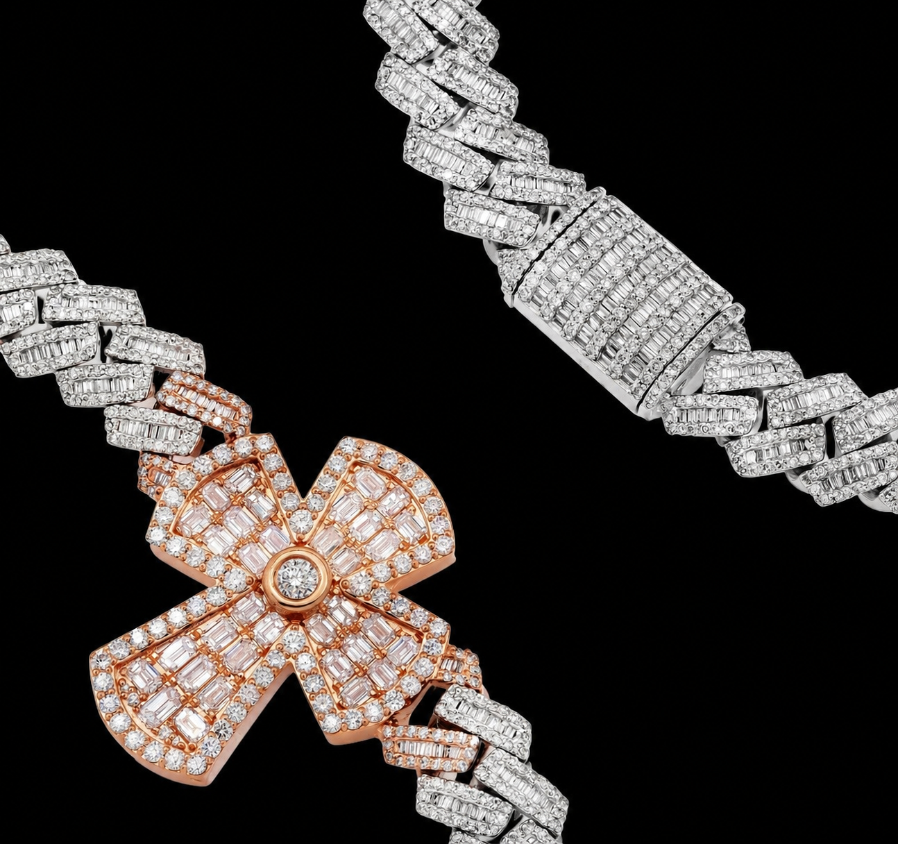 Lab Diamond & 10K White & Rose Gold Baguette Cuban Single Cross Chain